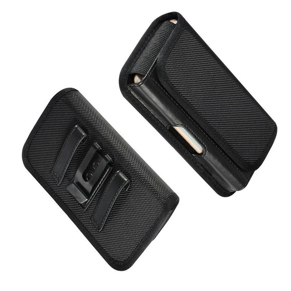 Horizontal Metal Belt Clip Holster with Card Holder in Textile and Leather for Prestigio MultiPhone PSP5508 DUO - Black