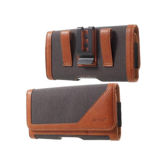 Case Metal Belt Clip Horizontal New Design Textile and Leather for Wiko Y70 (2019) - Gray/Brown