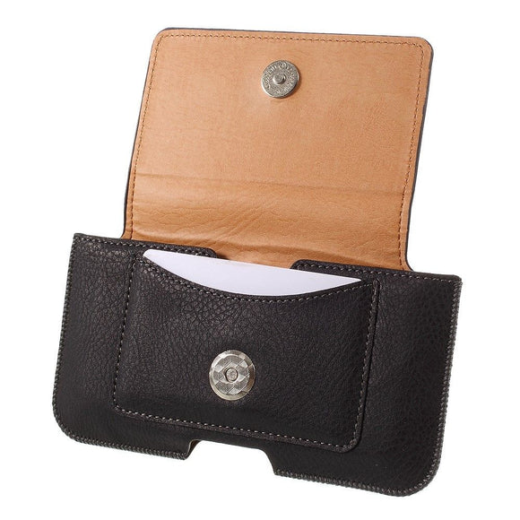 Leather Horizontal Belt Clip Case with Card Holder for Audioline PowerTel M9500 - Black