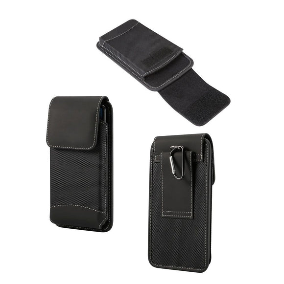 Belt Case Cover Vertical New Design Leather & Nylon for LG LMQ720TS3 Stylo 5x (2020) - Black