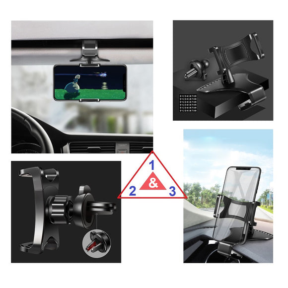 3 in 1 Car GPS Smartphone Holder: Dashboard / Visor Clamp + AC Grid Clip for Symphony i72 (2019) - Black