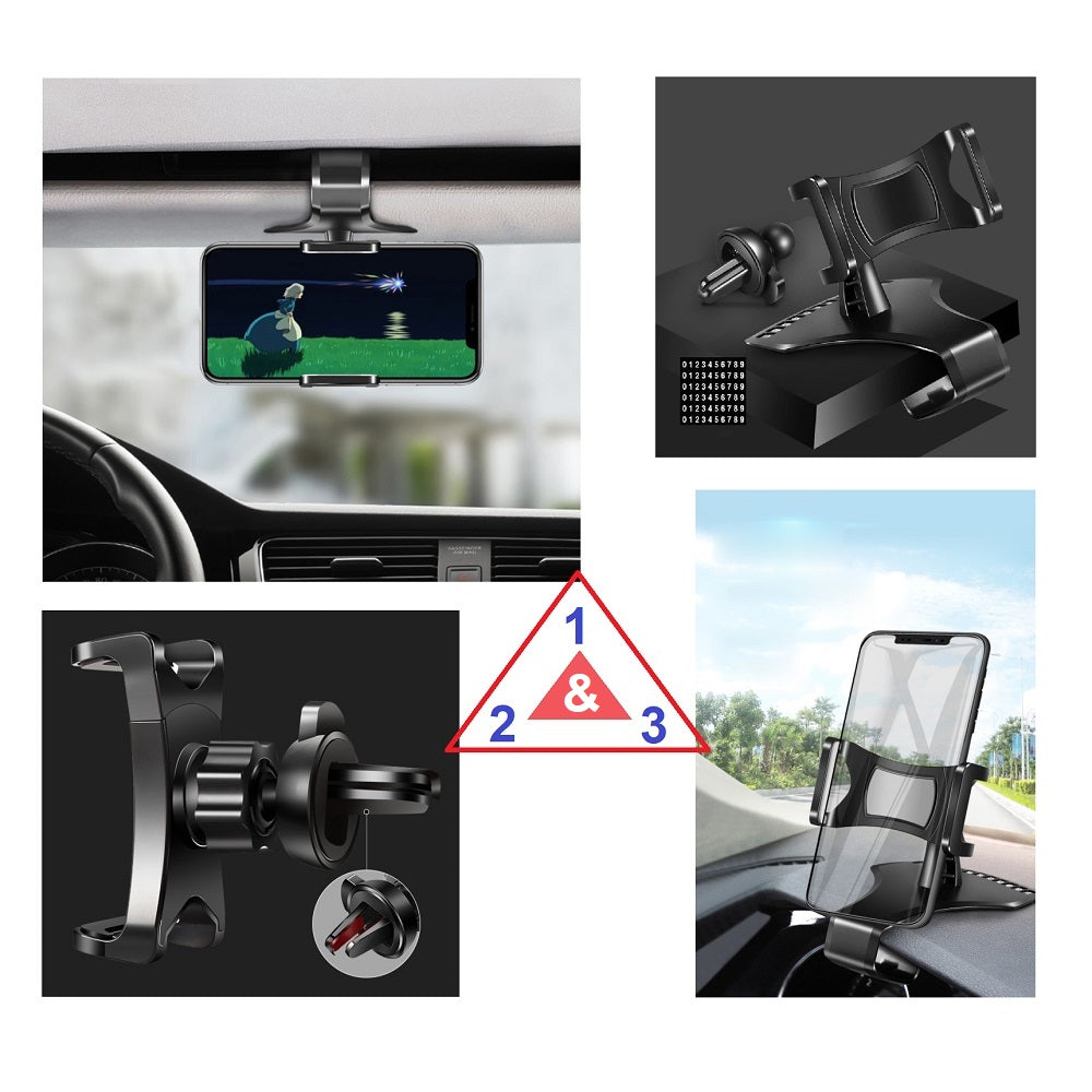 3 in 1 Car GPS Smartphone Holder: Dashboard / Visor Clamp + AC Grid Clip for Meitu M4, M4 Hello Kitty - Black